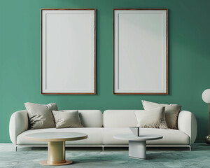 Modern interior with two frames mockup over a jade green wall, featuring a cream sofa and minimalist table.