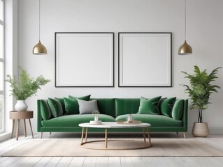 Home interior with green sofa, blank poster frames, table and decor in living room