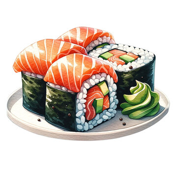 recommend clip art: Popular Japanese menu Sushi watercolor clipart ,AI Generated.