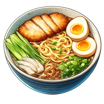delicious ramen bowl with fried pork and eggs clip art preview