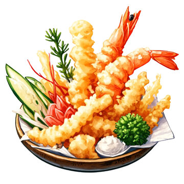 recommend clip art: Popular Japanese menu Tempura watercolor clipart ,AI Generated.