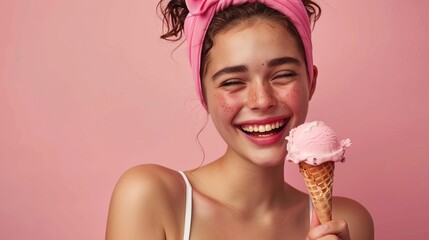 Happy young woman with pink headband holding an ice cream cone, smiling brightly against pink background. Summertime joy and sweetness.
