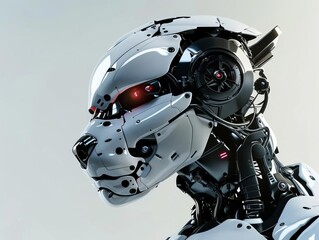 Fototapeta premium Highly detailed futuristic robotic animal head with mechanical components and a sleek metallic design. Perfect for technology-themed content.