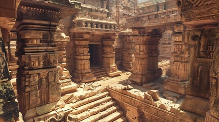 A stunning 3D rendering of an ancient temple, with weathered stone and intricate carvings creating a sense of history and mystery.