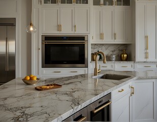 A stylish kitchen in Chicago with gold hardware, stainless steel appliances, and white marbled granite counters.