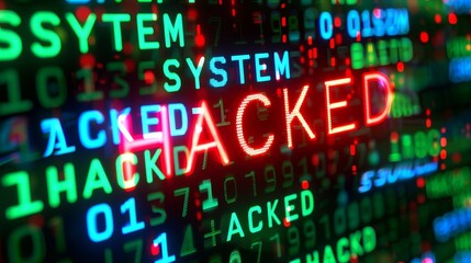 Cybersecurity Breach - Abstract Background of Cascading Binary Numbers with Bold "SYSTEM HACKED" Text in Red