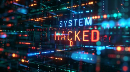 Obraz premium Cybersecurity Breach: Dark Abstract Background with Glowing Binary Numbers and Bold 