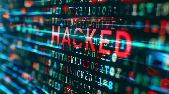 Digital Wave of Binary Numbers Abstract Background with Bold "SYSTEM HACKED" Text in Red and White