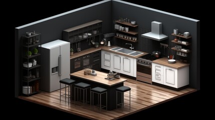 Isometric vector concept kitchen rendering, black walls, sleek white cabinets, and wooden flooring