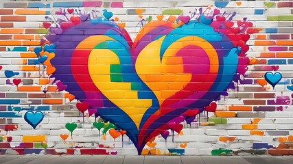 Brick wall with painted hearts in graffiti style.
