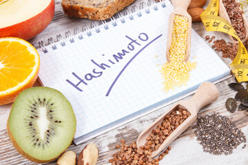 Notepad with inscription hashimoto, tape measure and best ingredients or products for healthy...