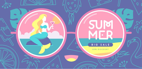 Retro flat summer big sale poster with round sunglasses silhouette, mermaid and cocktail. Vector illustration