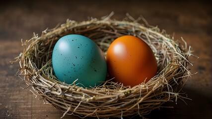 Fototapeta premium A vibrant display of colorful eggs, each one carefully nestled in a meticulously woven birds nest