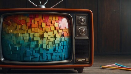 REtro TV set with colorful stick bursting through 
