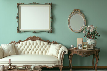 Sophisticated interior featuring one frame on a muted turquoise wall, cream sofa, and an ornate...