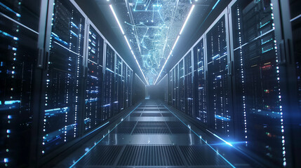 Fototapeta premium Shot of Corridor in Working Data Center Full of Rack Servers and Supercomputers with High Internet Visualization Projection