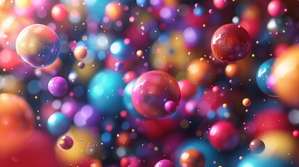 An abstract 3D render of colorful spheres and particles seemingly suspended in midair, captured in striking ultra HD detail.