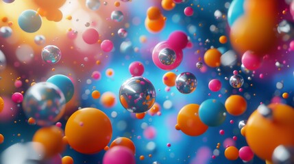 An abstract 3D render of colorful spheres and particles seemingly suspended in midair, captured in striking ultra HD detail.