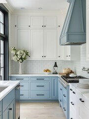 Modern kitchen interior with blue cabinets