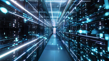 Obraz premium Shot of Corridor in Working Data Center Full of Rack Servers and Supercomputers with High Internet Visualization Projection