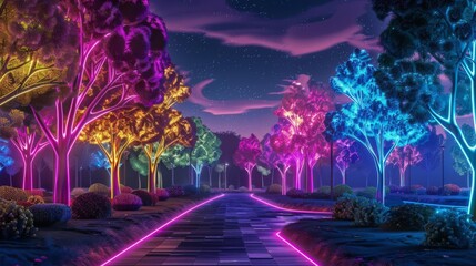 Magical glowing trees illuminate the night in a colorful, neon-lit park with a mesmerizing path, enhancing the enchanted atmosphere.