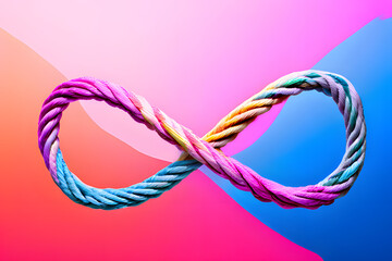 A colorful rope in the shape of an infinity symbol rests on a flat pink and blue background. The rope appears to be made of braids or twists and has a woven texture.
