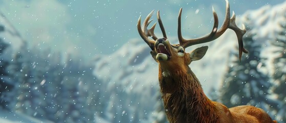 Majestic stag in snowy forest, showcasing its large antlers against a backdrop of snow-covered mountains and trees during winter.