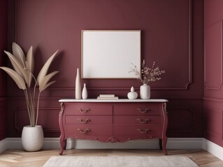 home interior background with commode and decor in living room, Burgundy wall background