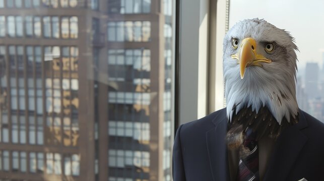 An eagle in a suit at a top-floor office