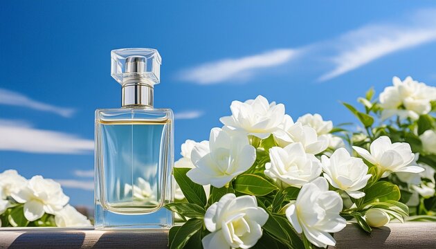bottle of perfume and flowers blue, fashion, spa, flower, aromatic, bottles