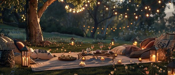 Chic outdoor gathering, luxury picnic, photorealistic, high detail, warm lighting, sophisticated decor, lush surroundings