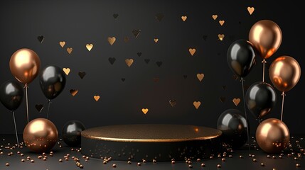 Black and golden balloons  with rounded golden podium with black background with heart shapes, sparkles high detailed background, in the style of dark gray , product display