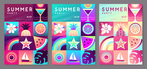 Set of Fluorescent flat summer disco party posters with summer attributes. Cocktail silhouette, tropic fruits and flowers, rainbow and ship. Vector illustration