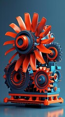 Colorful abstract mechanical structure with gears and propellers, showcasing intricate design and engineering creativity.