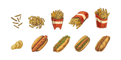 Hand-drawn colored sketches of street food, takeaway food, fast food, junk food. Potato french fries, chips, hot dogs set. Great for menu.