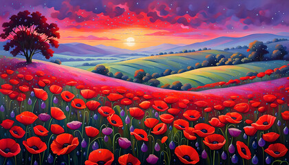 Vivid Red Poppies at Sunset