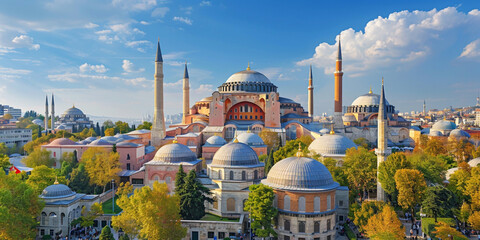 Panoramic View of Hagia Sophia Iconic Landmark in Istanbul, Turkey