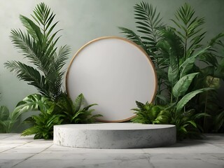 Podium background product green nature 3D forest stand white plant. Cosmetic background product podium display wood jungle studio garden beauty platform presentation mockup pedestal stone tropical