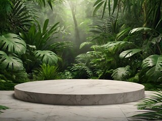 Podium background product green nature 3D forest stand white plant. Cosmetic background product podium display wood jungle studio garden beauty platform presentation mockup pedestal stone tropical