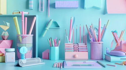 3d rendering of colorful pastel stationery and desk accessories on blue table in cute interior background.