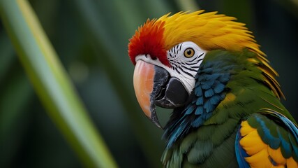 close-up guacamayo tropical en la naturaleza, loro with plumas hermosas con fondo negro, ave tropical con plumas de colores aislado