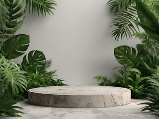 Podium background product green nature 3D forest stand white plant. Cosmetic background product podium display wood jungle studio garden beauty platform presentation mockup pedestal stone tropical