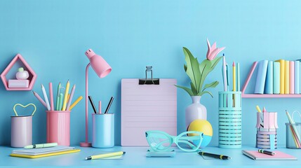 Colorful pastel stationery and desk accessories on blue table in cute interior background.