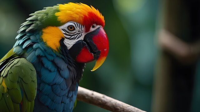 close-up guacamayo tropical en la naturaleza, loro with plumas hermosas con fondo negro, ave tropical con plumas de colores aislado