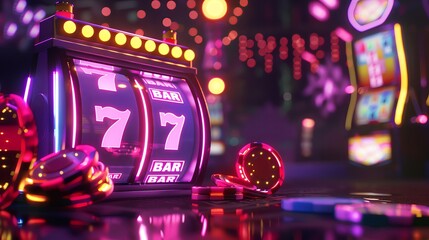 a slot machine with neon lights and poker chips in the background, close up, casino concept, black, pink, and white colors, stock photo for a banner, in the style of black pink white colo