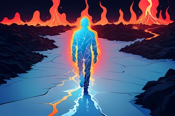 Fototapeta premium A Silhouette of a man walking in a river with lava and mountains