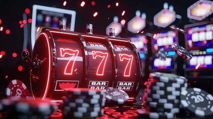 3D render of a slot machine with a neon glowing number "7" and casino chips on the background of bright lights in the style of an online gambling concept, detailed without Chinese characters or repeat