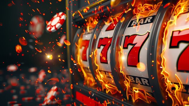 slot machine with the number "7" spinning on dark background with fire and sparks. banner for online casino, gambling, mobile game or poker tournament concept.