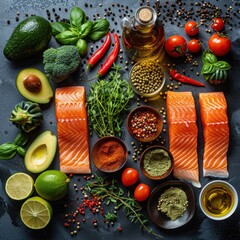 a seafood spread of various types of fish, including salmon and flounder surrounded by fresh vegetables such as asparagus and avocado on an old stone table with herbs scattered about.