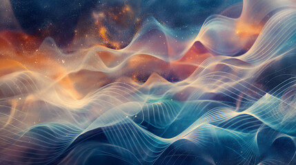 Fototapeta premium Abstract representation of vibrating strings creating waves in a colorful, cosmic background. Dynamic and dramatic composition, with cope space